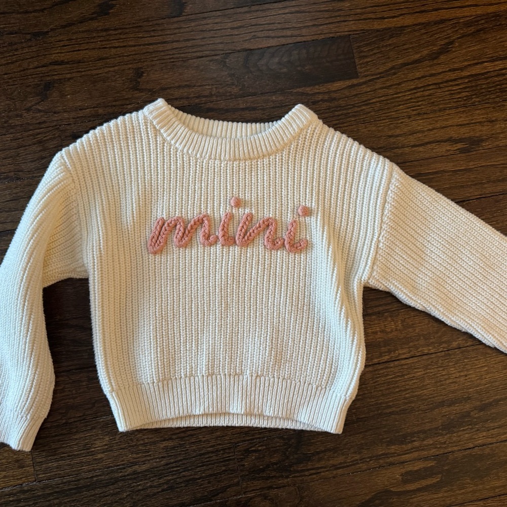 Cream Knit Sweater with Pink 'Mini' Embroidery